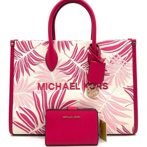 Michael Kors Medium Mirella Tote Bag & Medium Bifold Zip Chain Wallet Pink/Gold
